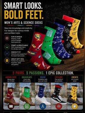 Men's Arts & Science Crew Socks - 5-Pack (Red, Green, Blue, Black, Yellow)